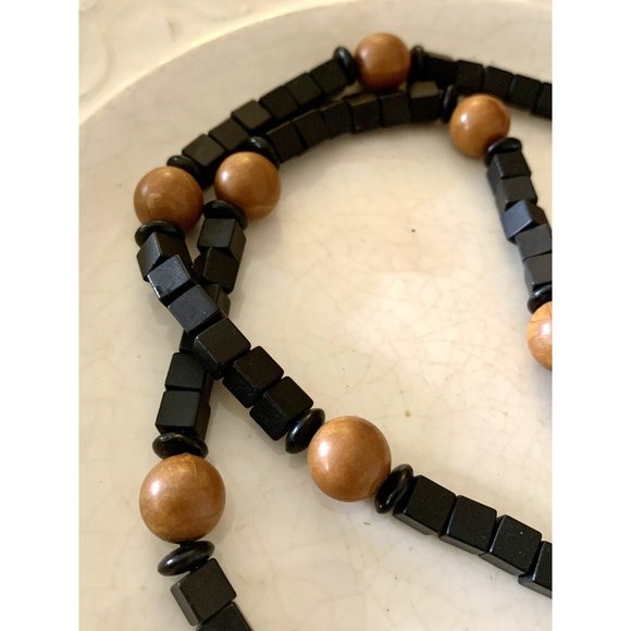 vintage Bohemian Wooden beaded Necklace Exotic Black Brown Mixed Shapes - Picture 2 of 9